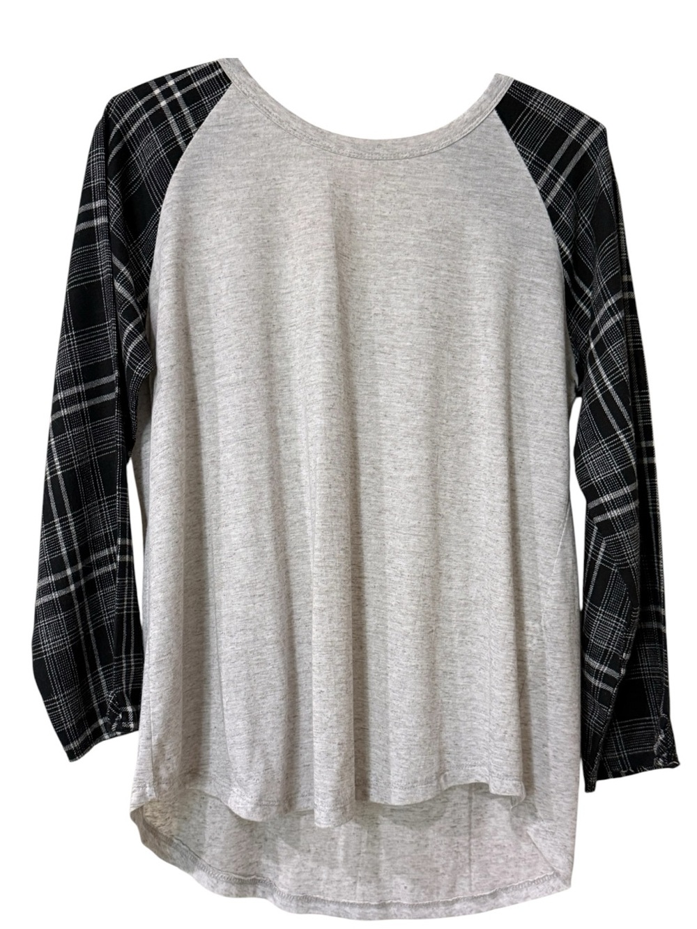 Women’s Gray Raglan Top with Black Plaid Sleeves